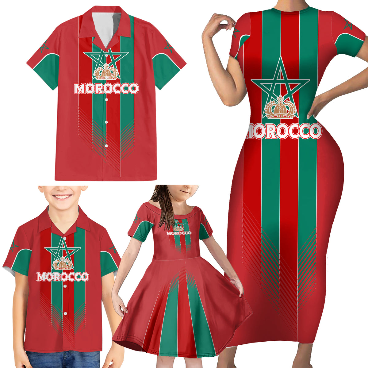 Custom Morocco Football Family Matching Short Sleeve Bodycon Dress and Hawaiian Shirt Nations Cup 2024 Atlas Lions - Wonder Print Shop