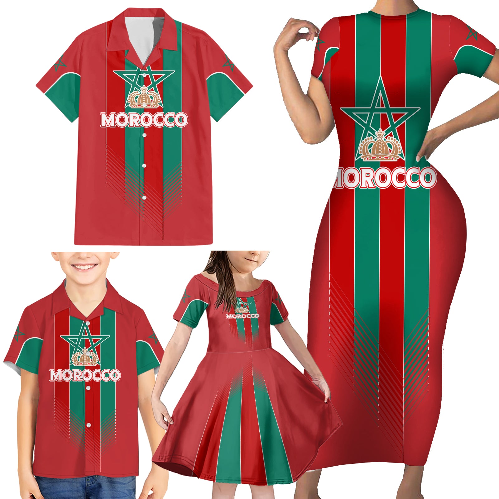 Custom Morocco Football Family Matching Short Sleeve Bodycon Dress and Hawaiian Shirt Nations Cup 2024 Atlas Lions - Wonder Print Shop