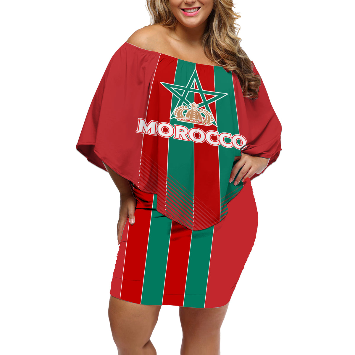 Custom Morocco Football Off Shoulder Short Dress Nations Cup 2024 Atlas Lions - Wonder Print Shop
