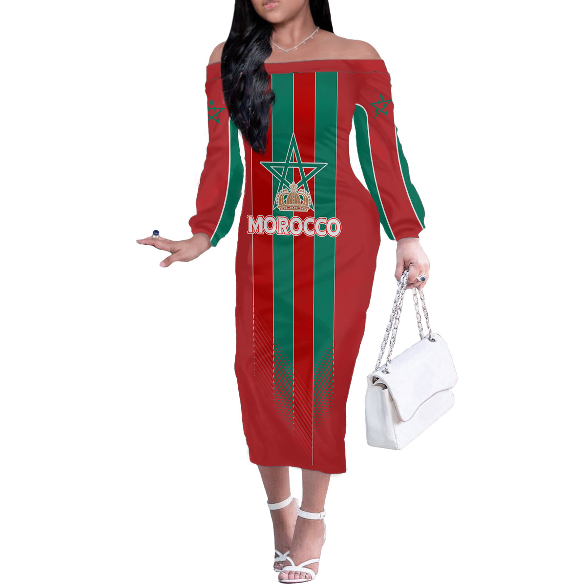 Custom Morocco Football Off The Shoulder Long Sleeve Dress Nations Cup 2024 Atlas Lions - Wonder Print Shop