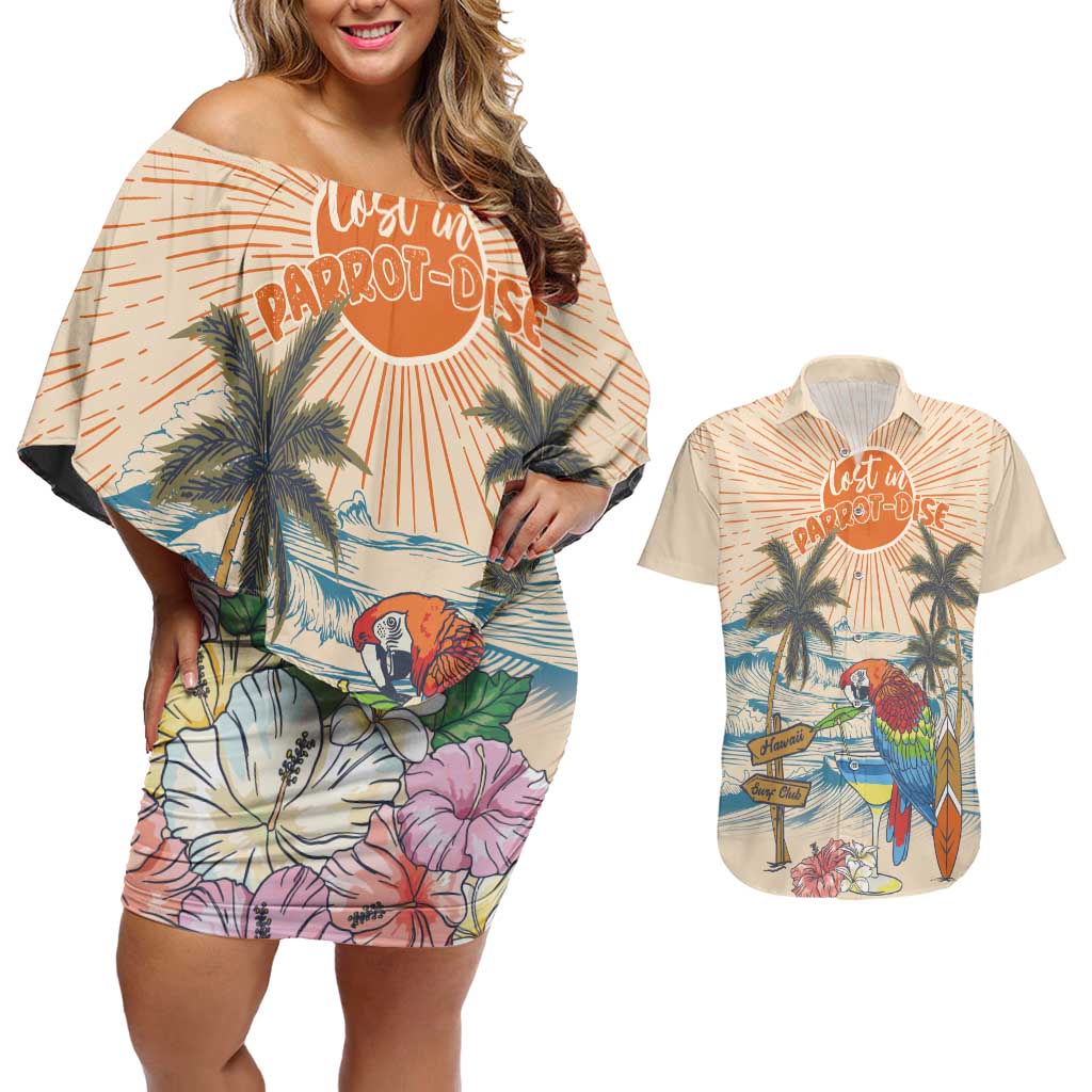 Personalized Christmas In July - Hawaii Retro Couples Matching Off Shoulder Short Dress and Hawaiian Shirt Lost In Parrot-dise