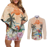 Personalized Christmas In July - Hawaii Retro Couples Matching Off Shoulder Short Dress and Long Sleeve Button Shirt Lost In Parrot-dise