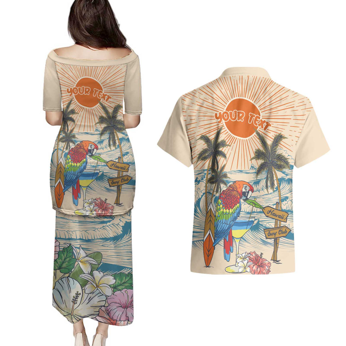 Personalized Christmas In July - Hawaii Retro Couples Matching Puletasi and Hawaiian Shirt Lost In Parrot-dise