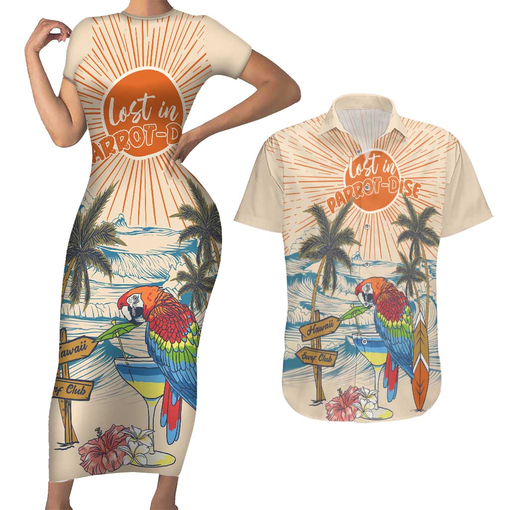 Personalized Christmas In July - Hawaii Retro Couples Matching Short Sleeve Bodycon Dress and Hawaiian Shirt Lost In Parrot-dise