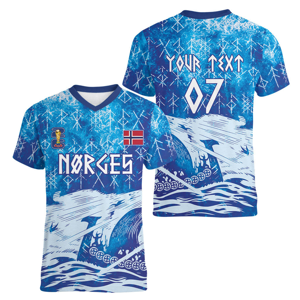 Norges Football WC2026 Custom Viking Rowing Women V-Neck T-Shirt Raging Waves