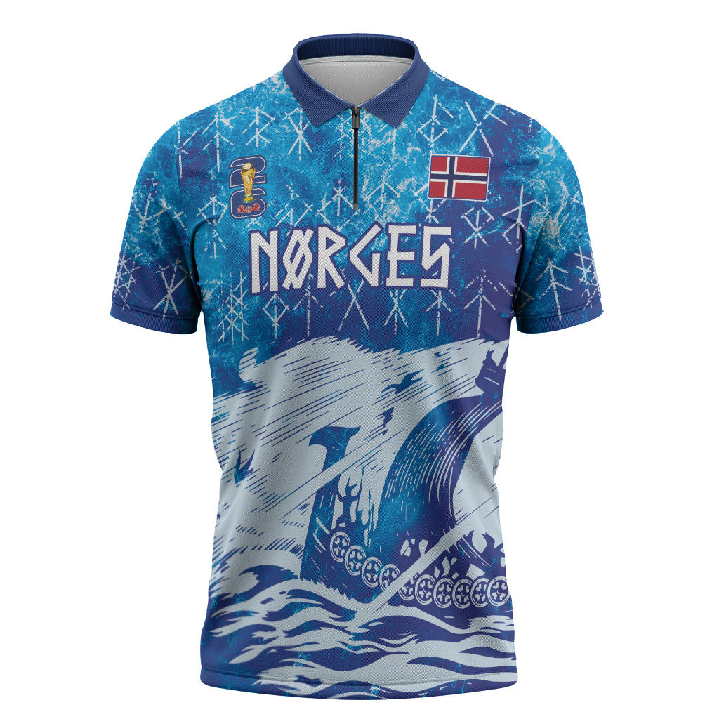 Norges Football WC2026 Custom Viking Rowing Zipper Polo Shirt Raging Waves