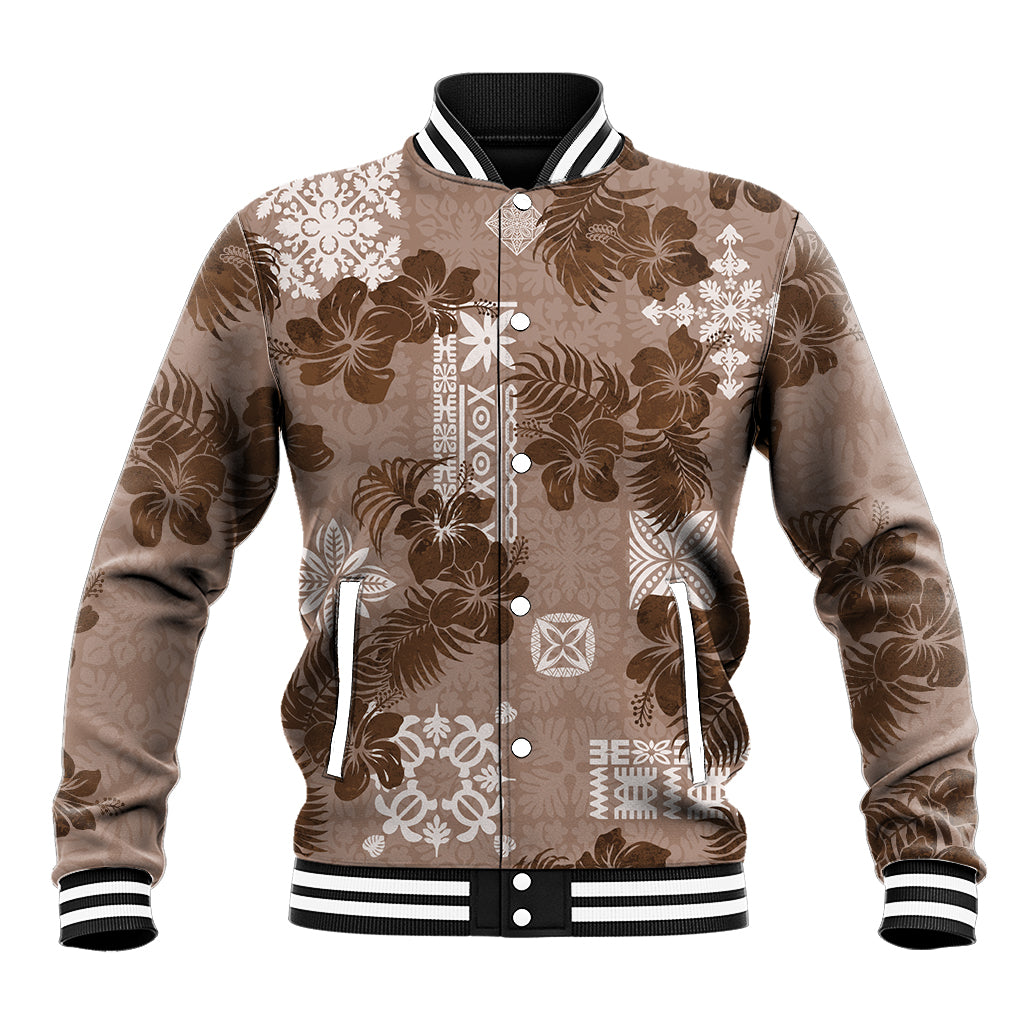 Vintage Hawaii Baseball Jacket Hibiscus Mix Hawaiian Quilt Patches - Brown LT7 - Wonder Print Shop