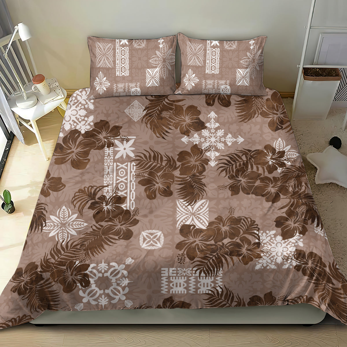 Vintage Hawaii Bedding Set Hibiscus Mix Hawaiian Quilt Patches - Brown LT7 - Wonder Print Shop