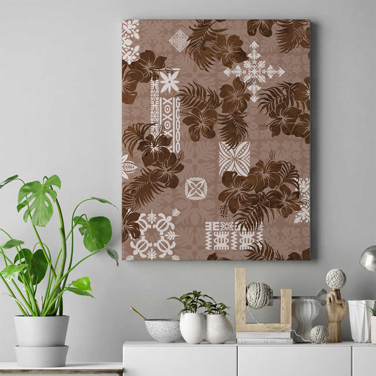 Vintage Hawaii Canvas Wall Art Hibiscus Mix Hawaiian Quilt Patches - Brown LT7 - Wonder Print Shop