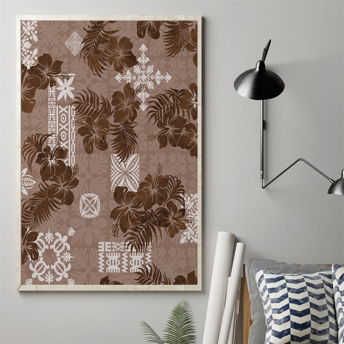 Vintage Hawaii Canvas Wall Art Hibiscus Mix Hawaiian Quilt Patches - Brown LT7 - Wonder Print Shop