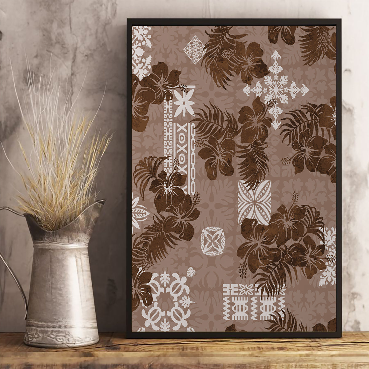 Vintage Hawaii Canvas Wall Art Hibiscus Mix Hawaiian Quilt Patches - Brown LT7 - Wonder Print Shop