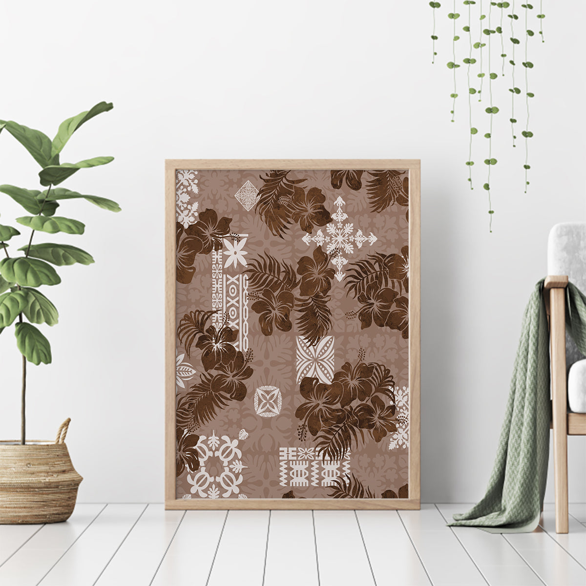 Vintage Hawaii Canvas Wall Art Hibiscus Mix Hawaiian Quilt Patches - Brown LT7 - Wonder Print Shop