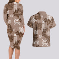 Vintage Hawaii Couples Matching Long Sleeve Bodycon Dress and Hawaiian Shirt Hibiscus Mix Hawaiian Quilt Patches - Brown LT7 - Wonder Print Shop