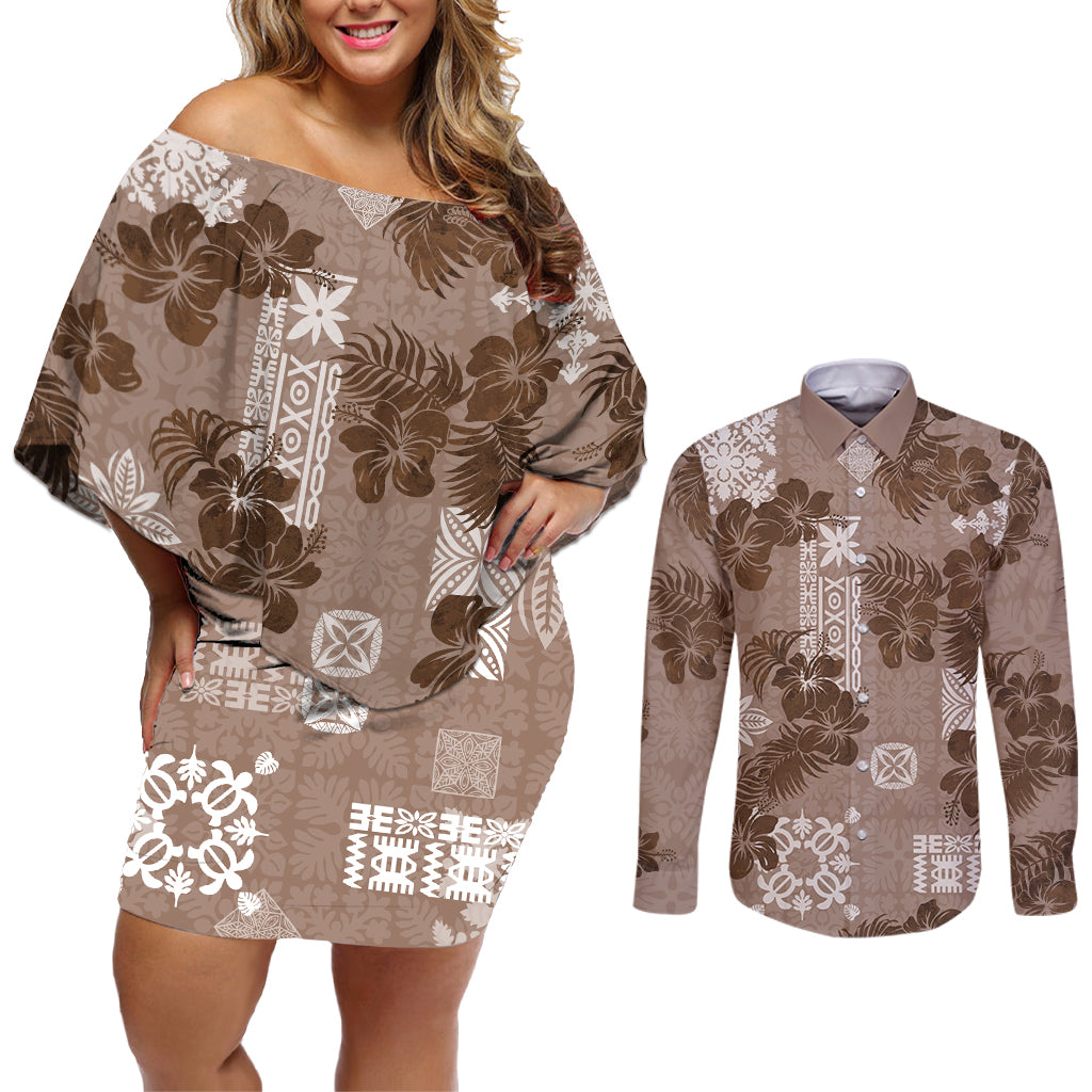 Vintage Hawaii Couples Matching Off Shoulder Short Dress and Long Sleeve Button Shirt Hibiscus Mix Hawaiian Quilt Patches - Brown LT7 - Wonder Print Shop