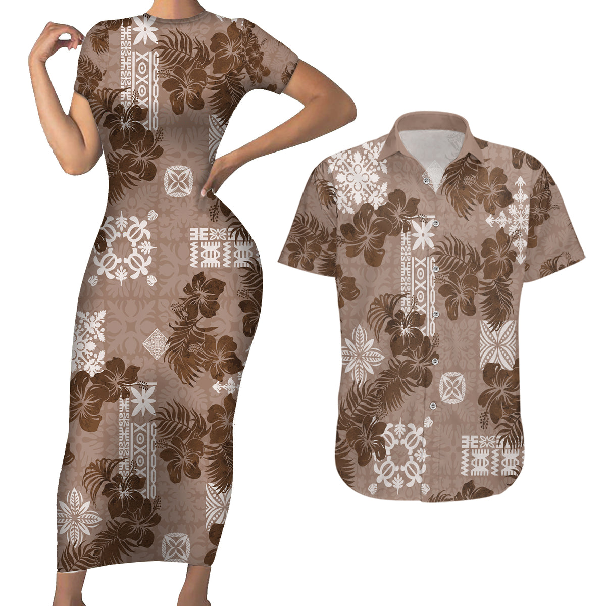 Vintage Hawaii Couples Matching Short Sleeve Bodycon Dress and Hawaiian Shirt Hibiscus Mix Hawaiian Quilt Patches - Brown LT7 - Wonder Print Shop