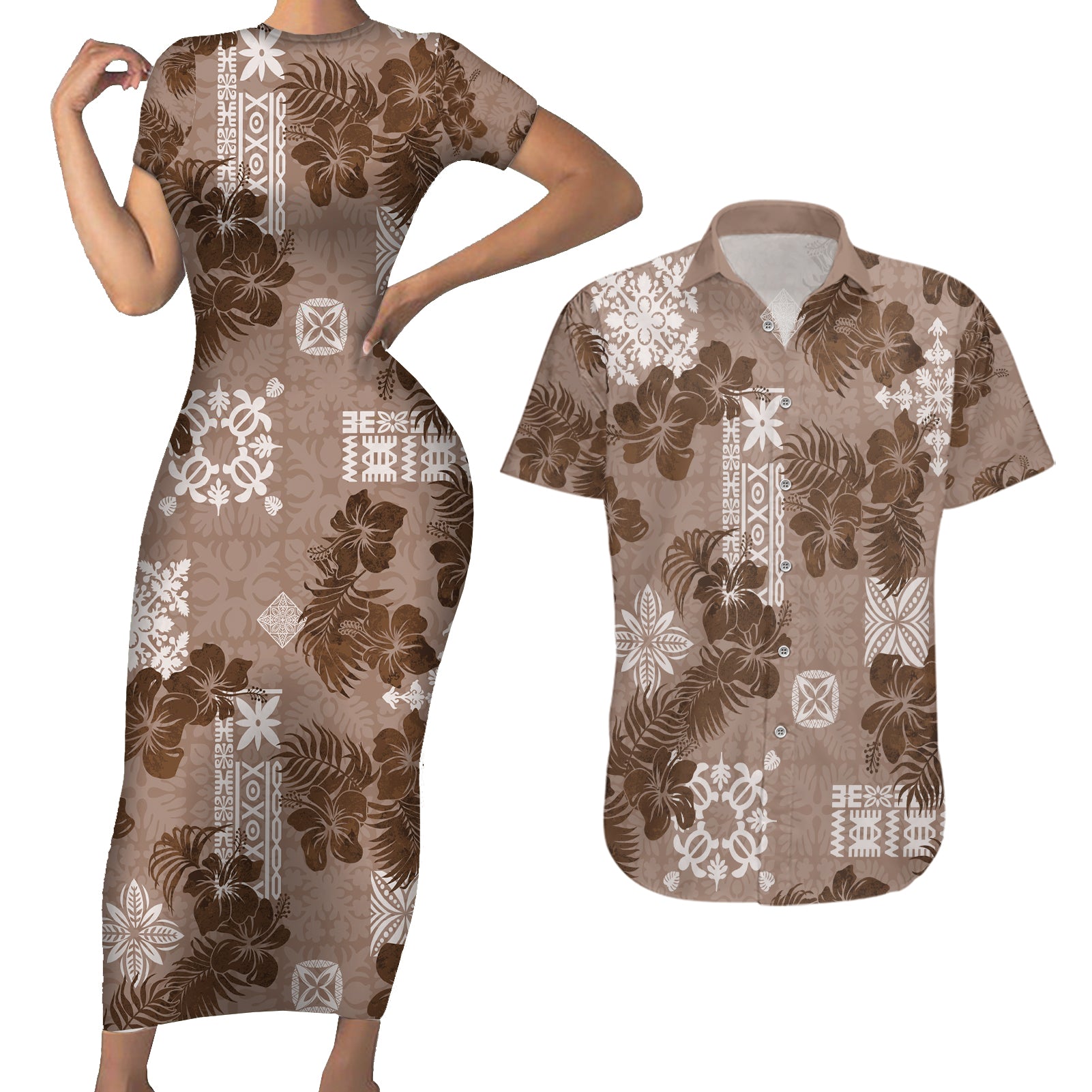 Vintage Hawaii Couples Matching Short Sleeve Bodycon Dress and Hawaiian Shirt Hibiscus Mix Hawaiian Quilt Patches - Brown LT7 - Wonder Print Shop
