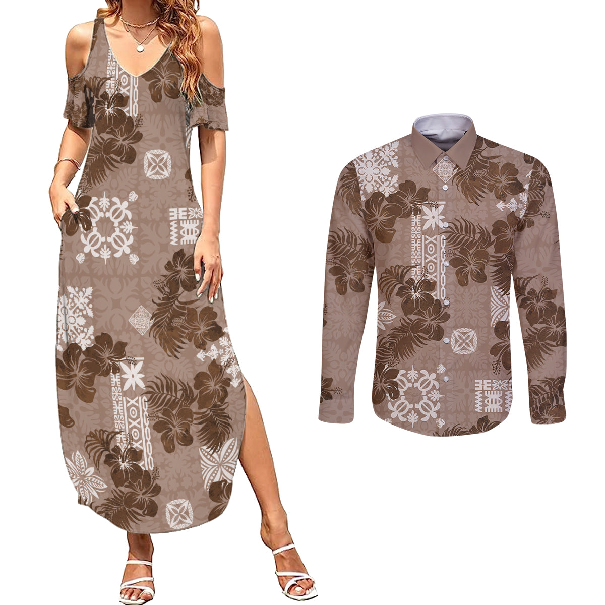 Vintage Hawaii Couples Matching Summer Maxi Dress and Long Sleeve Button Shirt Hibiscus Mix Hawaiian Quilt Patches - Brown LT7 - Wonder Print Shop