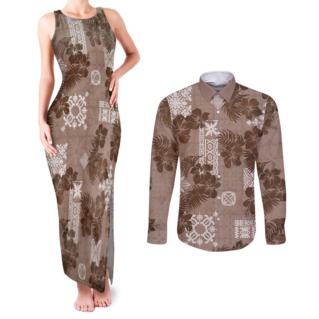 Vintage Hawaii Couples Matching Tank Maxi Dress and Long Sleeve Button Shirt Hibiscus Mix Hawaiian Quilt Patches - Brown LT7 - Wonder Print Shop