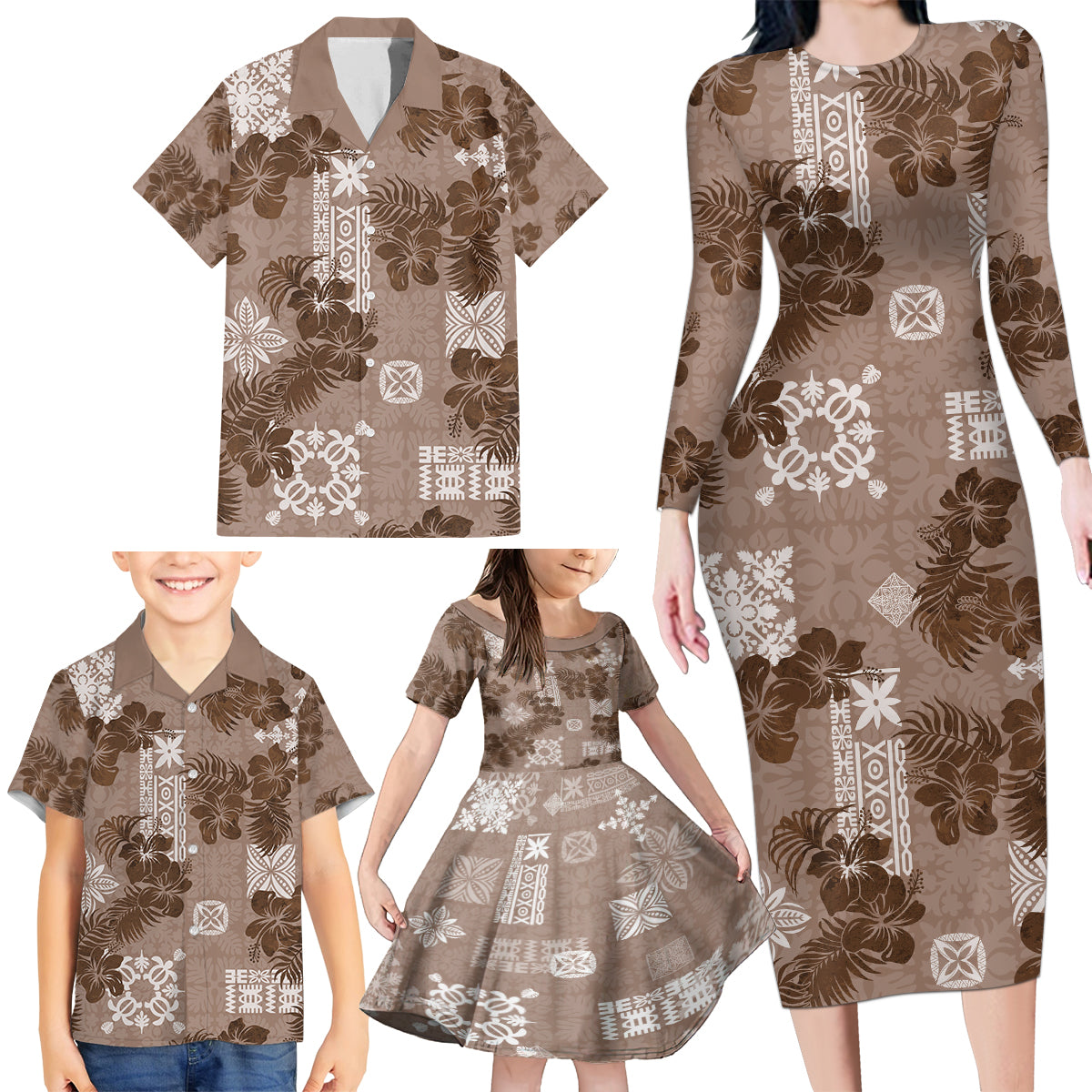Vintage Hawaii Family Matching Long Sleeve Bodycon Dress and Hawaiian Shirt Hibiscus Mix Hawaiian Quilt Patches - Brown LT7 - Wonder Print Shop
