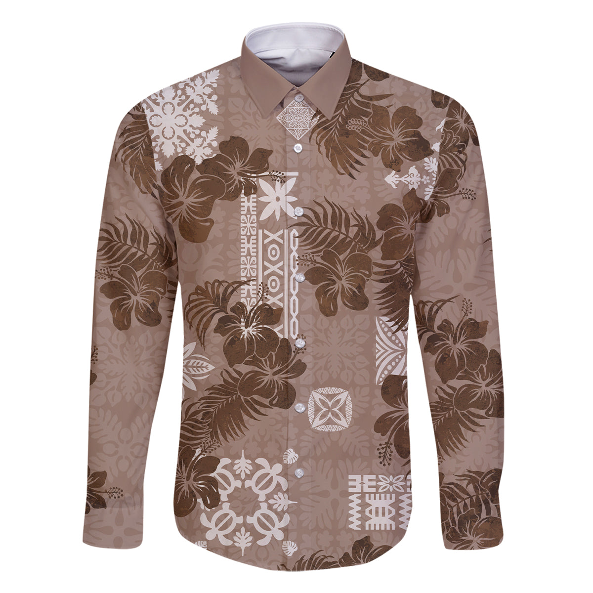 Vintage Hawaii Family Matching Long Sleeve Bodycon Dress and Hawaiian Shirt Hibiscus Mix Hawaiian Quilt Patches - Brown LT7 - Wonder Print Shop