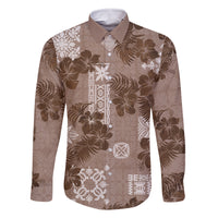 Vintage Hawaii Family Matching Long Sleeve Bodycon Dress and Hawaiian Shirt Hibiscus Mix Hawaiian Quilt Patches - Brown LT7 - Wonder Print Shop