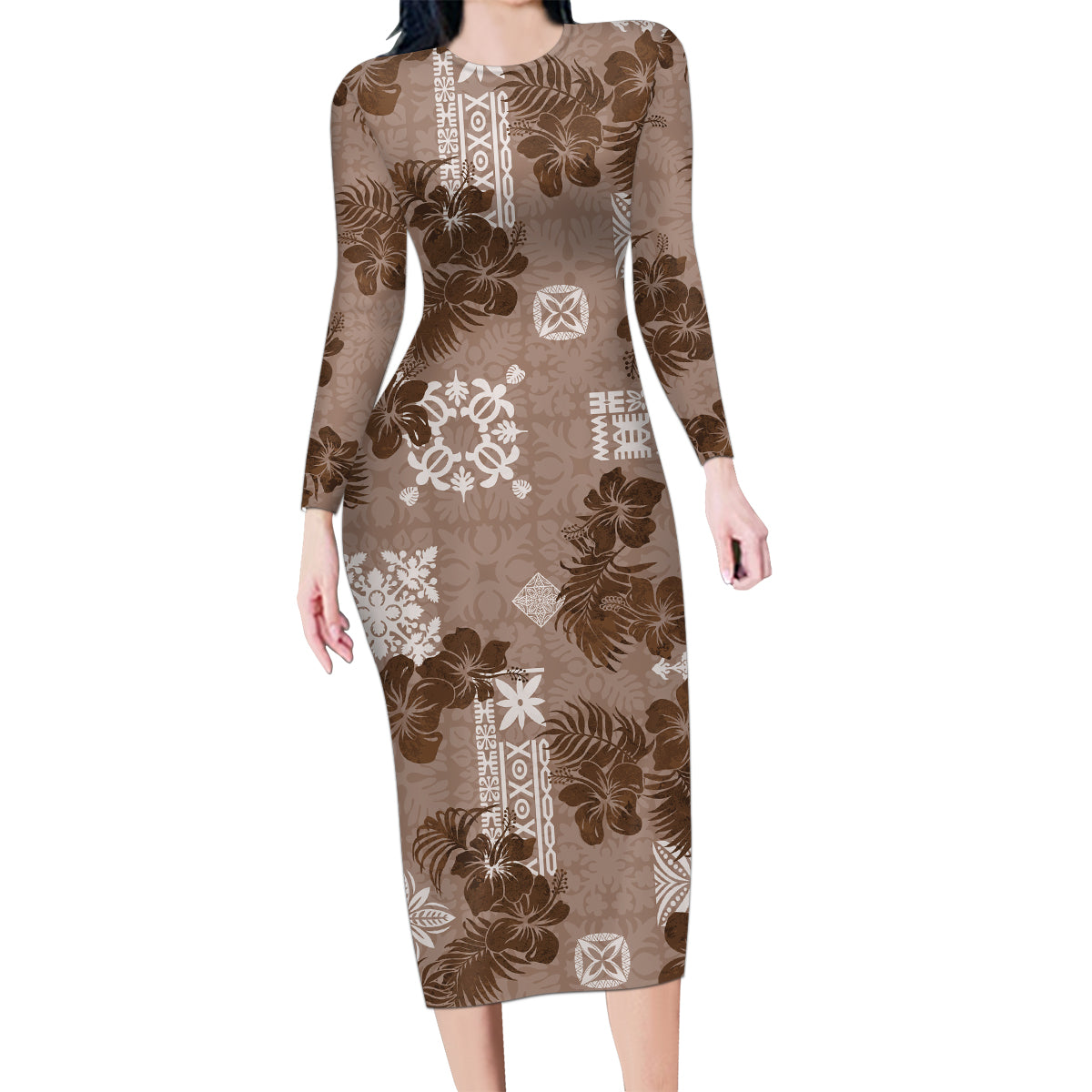 Vintage Hawaii Family Matching Long Sleeve Bodycon Dress and Hawaiian Shirt Hibiscus Mix Hawaiian Quilt Patches - Brown LT7 - Wonder Print Shop