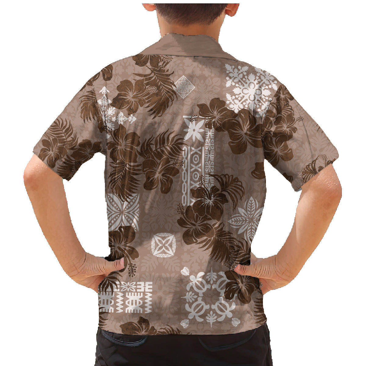 Vintage Hawaii Family Matching Mermaid Dress and Hawaiian Shirt Hibiscus Mix Hawaiian Quilt Patches - Brown LT7 - Wonder Print Shop