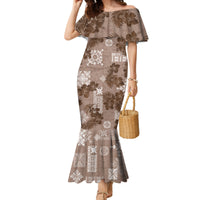 Vintage Hawaii Family Matching Mermaid Dress and Hawaiian Shirt Hibiscus Mix Hawaiian Quilt Patches - Brown LT7 - Wonder Print Shop