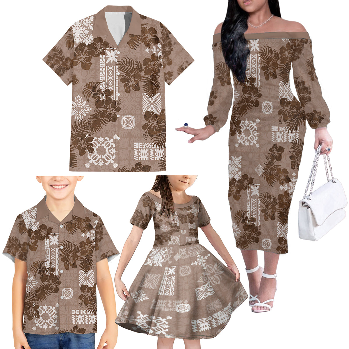 Vintage Hawaii Family Matching Off Shoulder Long Sleeve Dress and Hawaiian Shirt Hibiscus Mix Hawaiian Quilt Patches - Brown - Wonder Print Shop