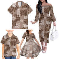 Vintage Hawaii Family Matching Off Shoulder Long Sleeve Dress and Hawaiian Shirt Hibiscus Mix Hawaiian Quilt Patches - Brown - Wonder Print Shop