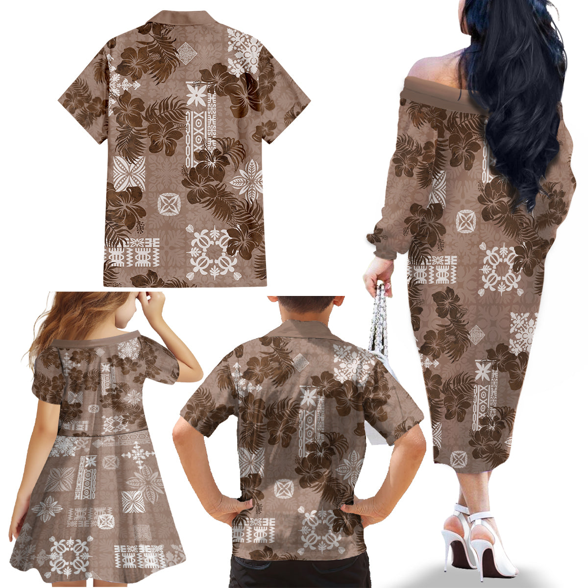 Vintage Hawaii Family Matching Off Shoulder Long Sleeve Dress and Hawaiian Shirt Hibiscus Mix Hawaiian Quilt Patches - Brown - Wonder Print Shop