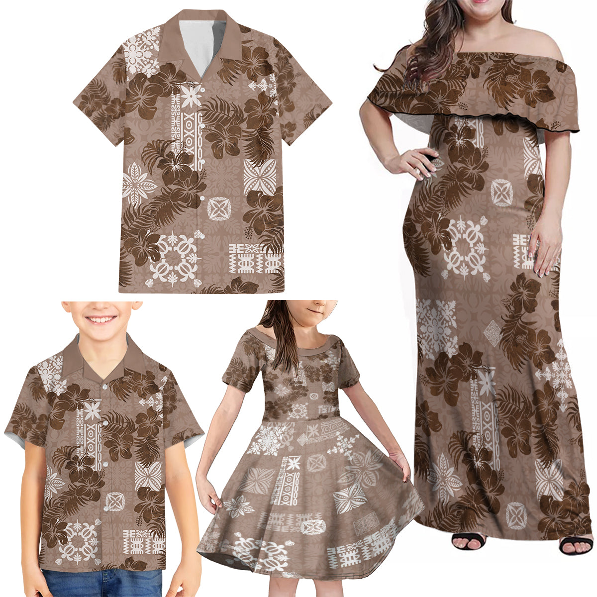 Vintage Hawaii Family Matching Off Shoulder Maxi Dress and Hawaiian Shirt Hibiscus Mix Hawaiian Quilt Patches - Brown LT7 - Wonder Print Shop