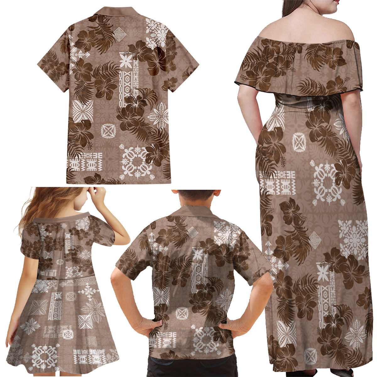 Vintage Hawaii Family Matching Off Shoulder Maxi Dress and Hawaiian Shirt Hibiscus Mix Hawaiian Quilt Patches - Brown LT7 - Wonder Print Shop