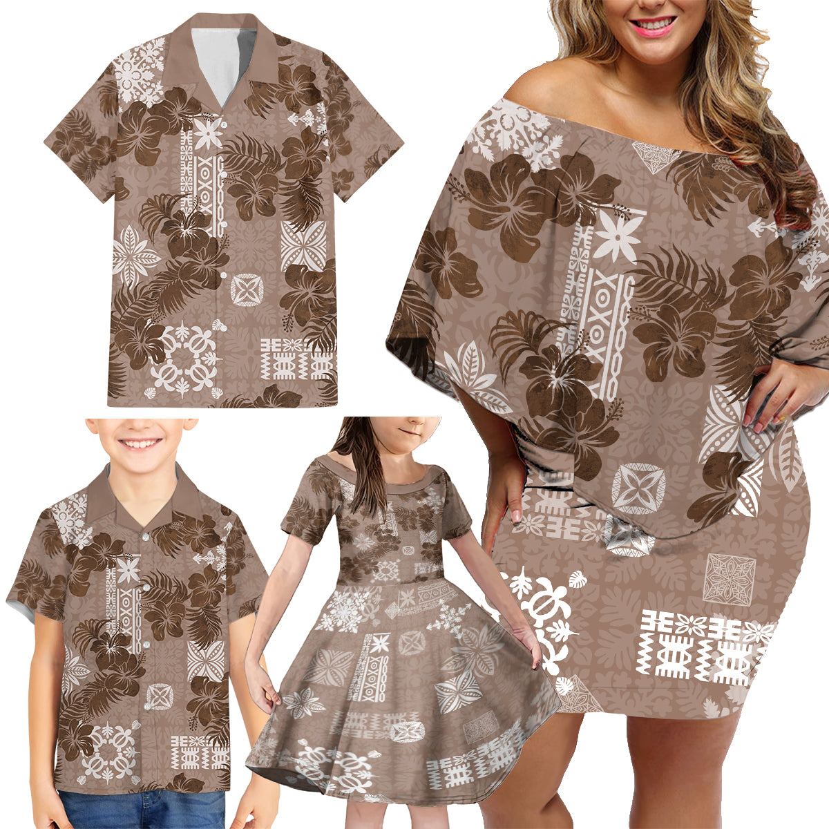 Vintage Hawaii Family Matching Off Shoulder Short Dress and Hawaiian Shirt Hibiscus Mix Hawaiian Quilt Patches - Brown LT7 - Wonder Print Shop