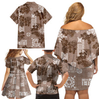 Vintage Hawaii Family Matching Off Shoulder Short Dress and Hawaiian Shirt Hibiscus Mix Hawaiian Quilt Patches - Brown LT7 - Wonder Print Shop