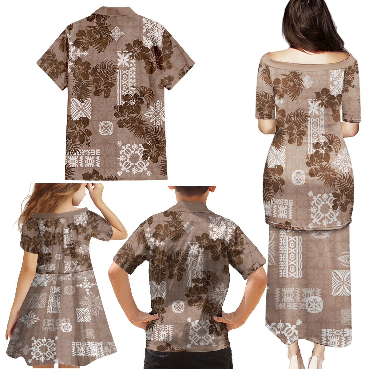 Vintage Hawaii Family Matching Puletasi Dress and Hawaiian Shirt Hibiscus Mix Hawaiian Quilt Patches - Brown - Wonder Print Shop