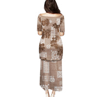 Vintage Hawaii Family Matching Puletasi Dress and Hawaiian Shirt Hibiscus Mix Hawaiian Quilt Patches - Brown - Wonder Print Shop