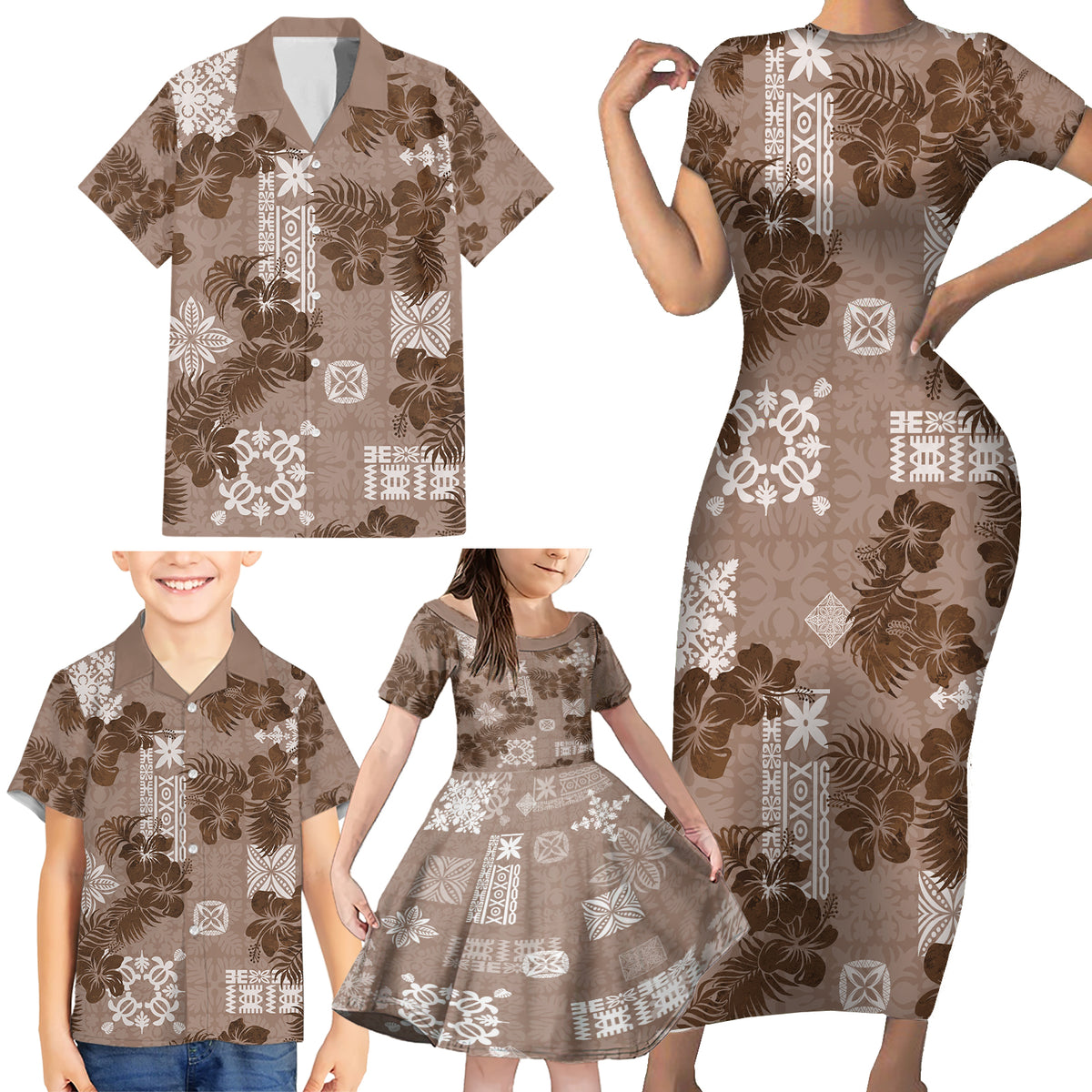 Vintage Hawaii Family Matching Short Sleeve Bodycon Dress and Hawaiian Shirt Hibiscus Mix Hawaiian Quilt Patches - Brown - Wonder Print Shop