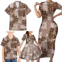 Vintage Hawaii Family Matching Short Sleeve Bodycon Dress and Hawaiian Shirt Hibiscus Mix Hawaiian Quilt Patches - Brown - Wonder Print Shop