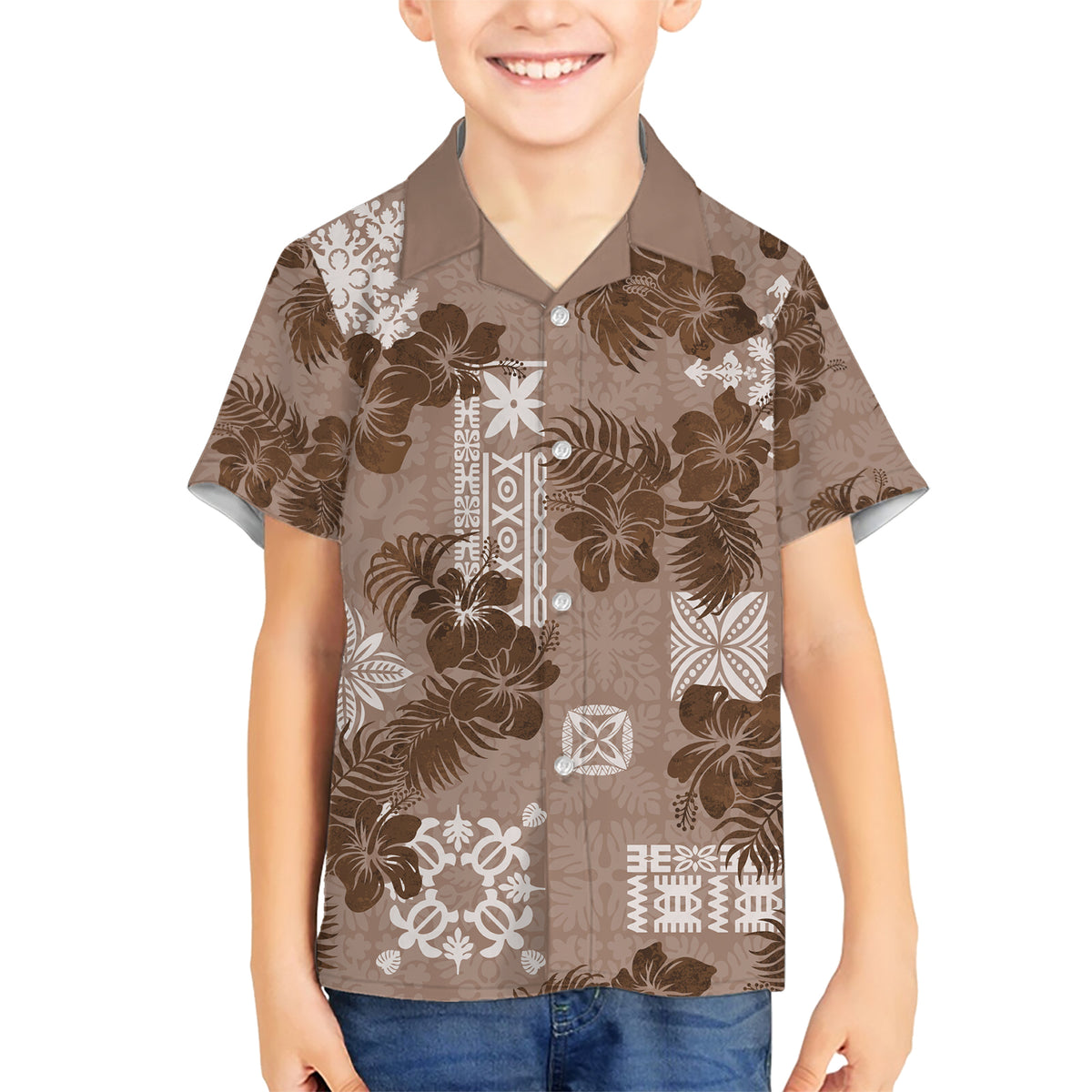 Vintage Hawaii Family Matching Short Sleeve Bodycon Dress and Hawaiian Shirt Hibiscus Mix Hawaiian Quilt Patches - Brown - Wonder Print Shop