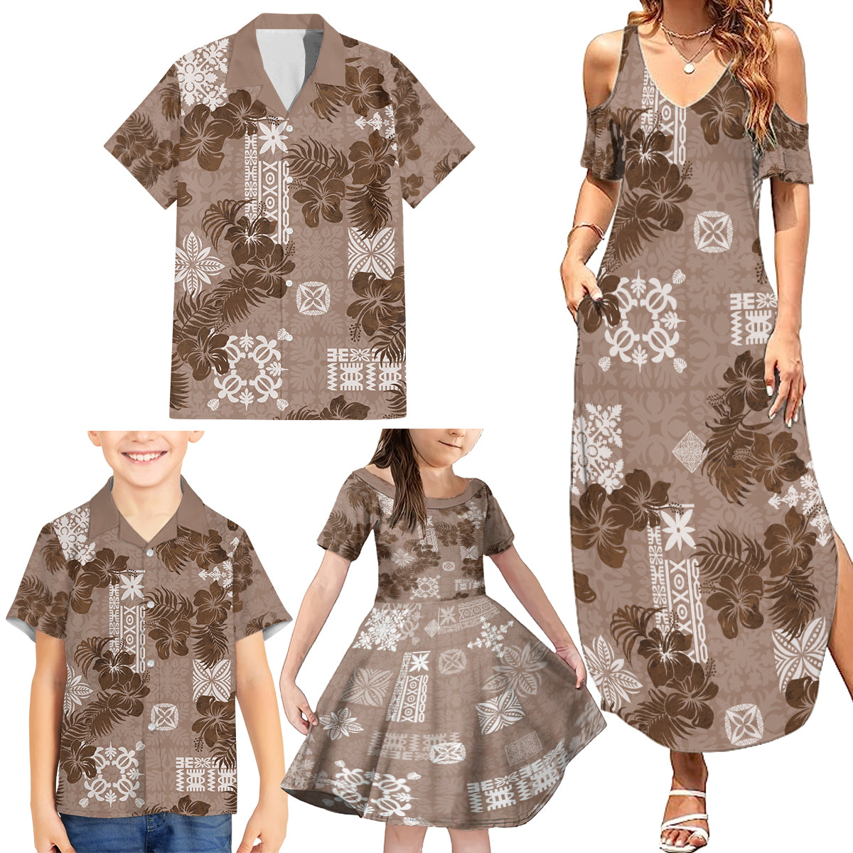 Vintage Hawaii Family Matching Summer Maxi Dress and Hawaiian Shirt Hibiscus Mix Hawaiian Quilt Patches - Brown - Wonder Print Shop