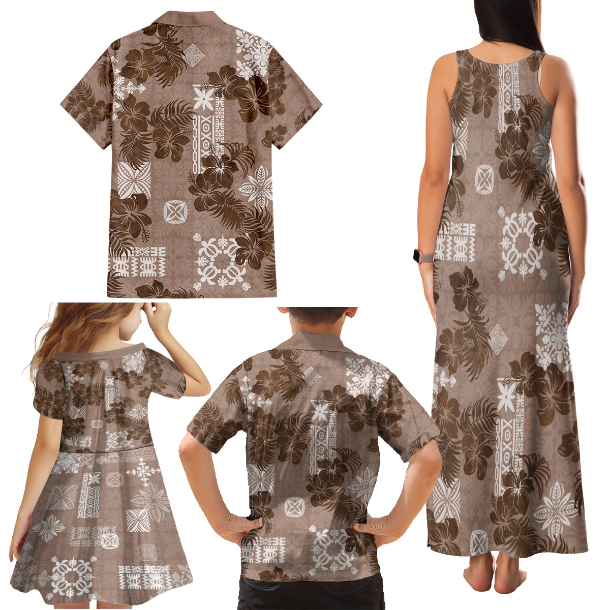 Vintage Hawaii Family Matching Tank Maxi Dress and Hawaiian Shirt Hibiscus Mix Hawaiian Quilt Patches - Brown - Wonder Print Shop
