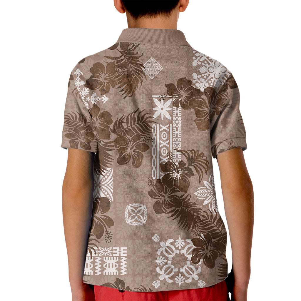 Vintage Hawaii Kid Polo Shirt Hibiscus Mix Hawaiian Quilt Patches - Brown - Wonder Print Shop