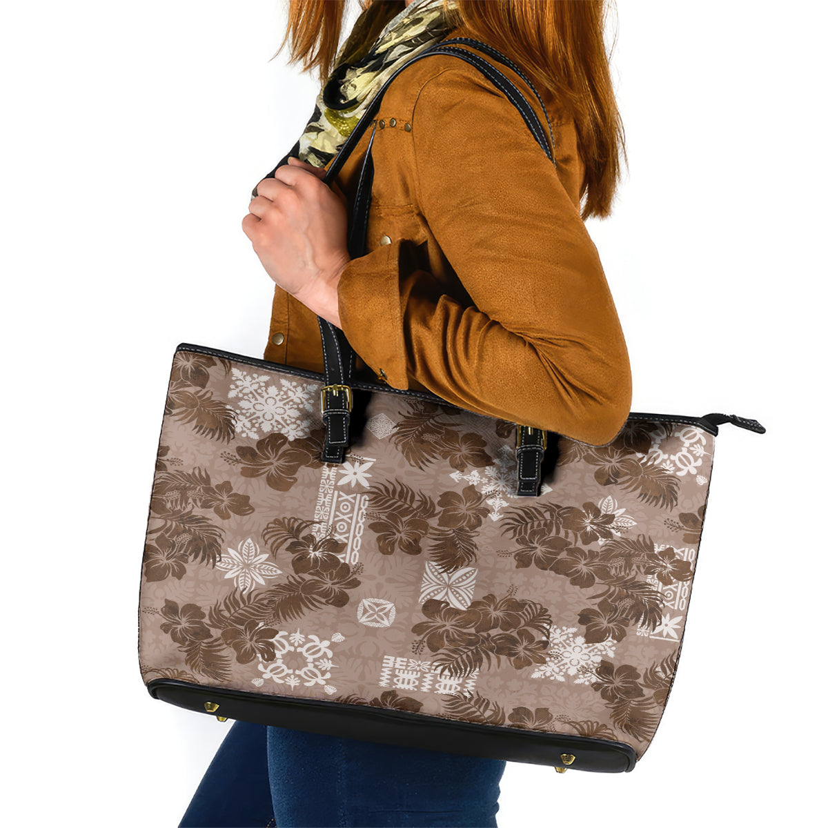 Vintage Hawaii Leather Tote Bag Hibiscus Mix Hawaiian Quilt Patches - Brown - Wonder Print Shop