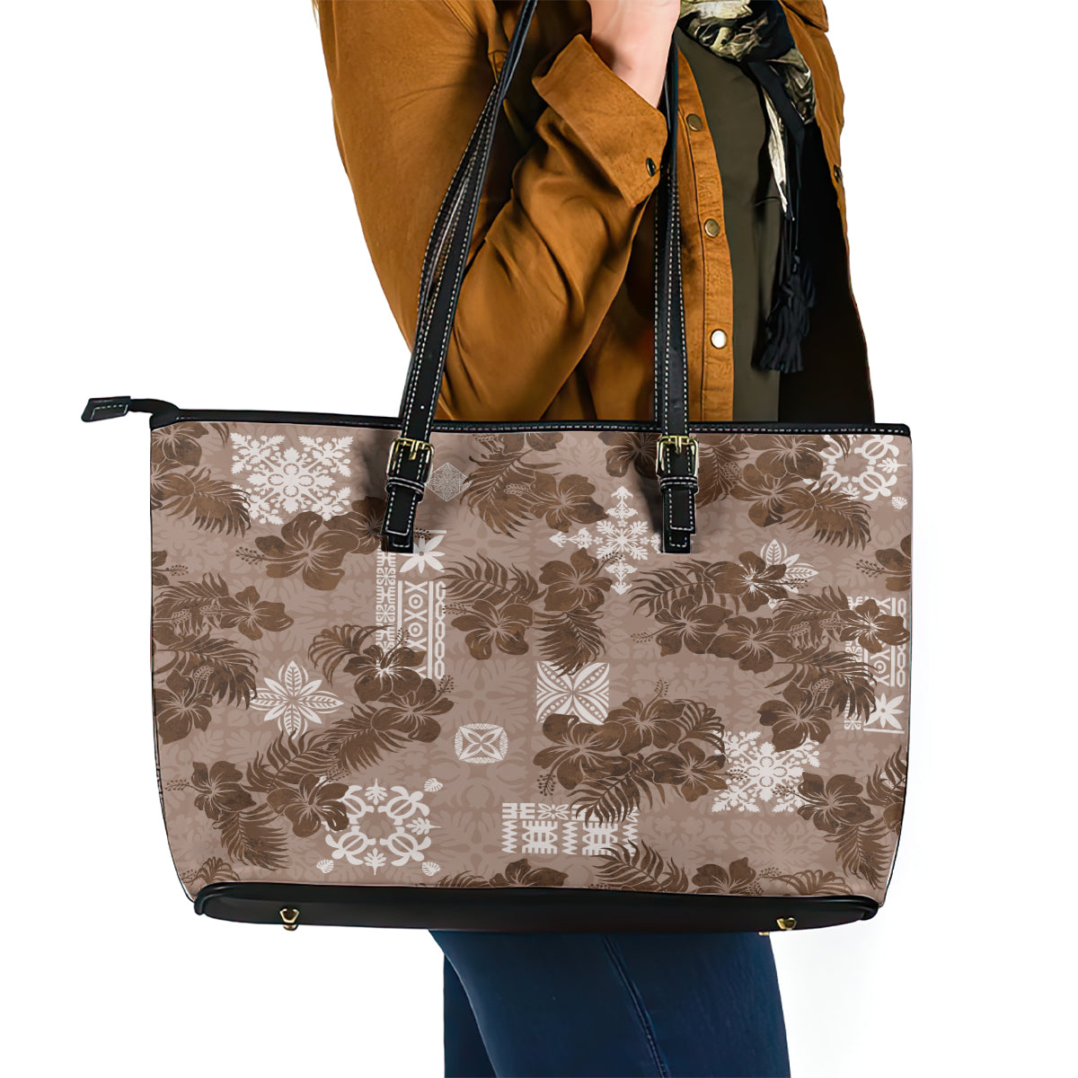 Vintage Hawaii Leather Tote Bag Hibiscus Mix Hawaiian Quilt Patches - Brown - Wonder Print Shop