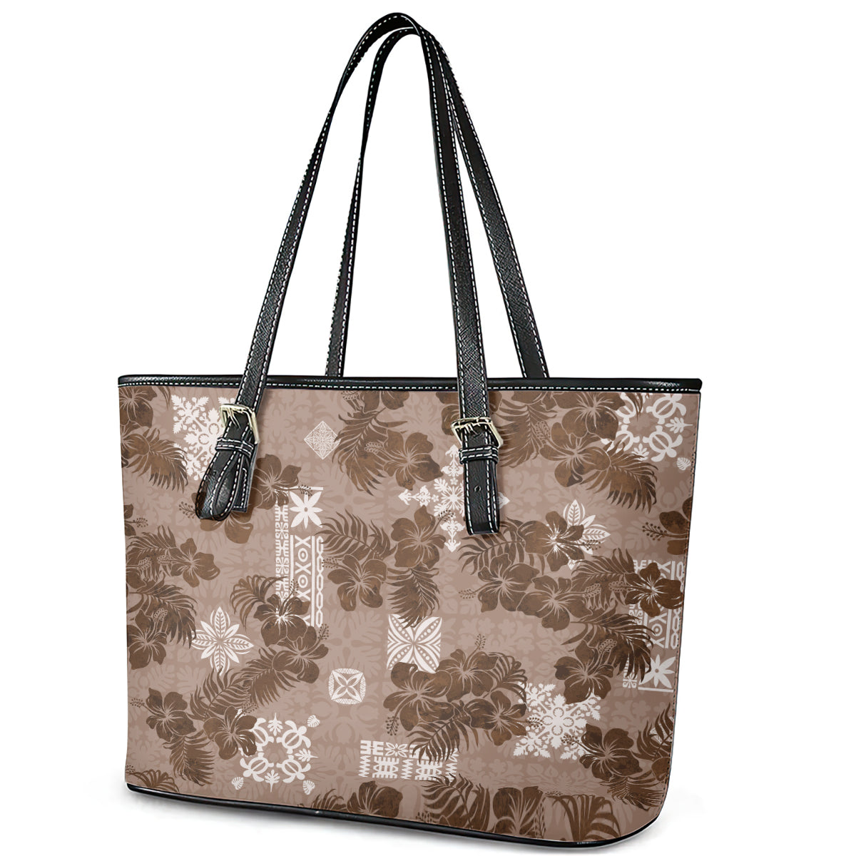 Vintage Hawaii Leather Tote Bag Hibiscus Mix Hawaiian Quilt Patches - Brown - Wonder Print Shop