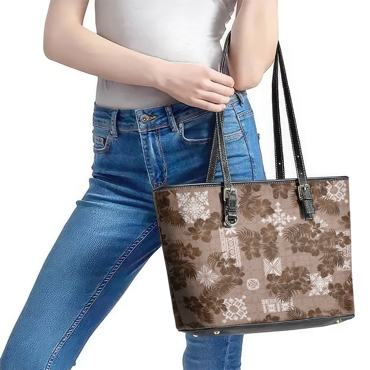 Vintage Hawaii Leather Tote Bag Hibiscus Mix Hawaiian Quilt Patches - Brown - Wonder Print Shop