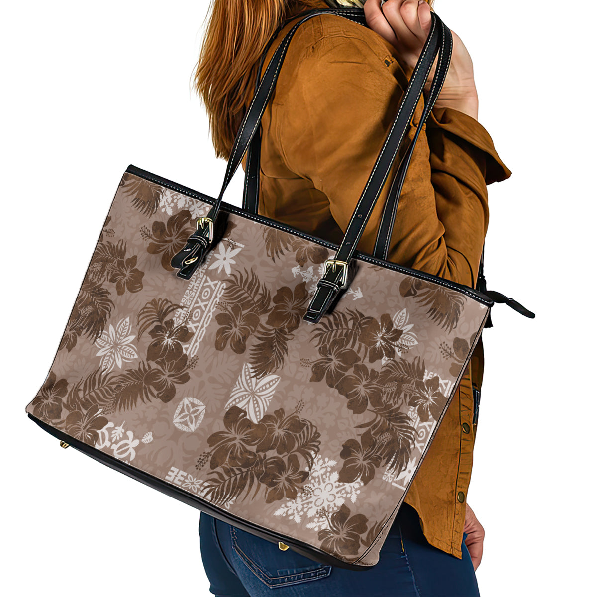 Vintage Hawaii Leather Tote Bag Hibiscus Mix Hawaiian Quilt Patches - Brown - Wonder Print Shop
