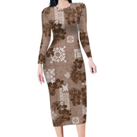 Vintage Hawaii Long Sleeve Bodycon Dress Hibiscus Mix Hawaiian Quilt Patches - Brown - Wonder Print Shop