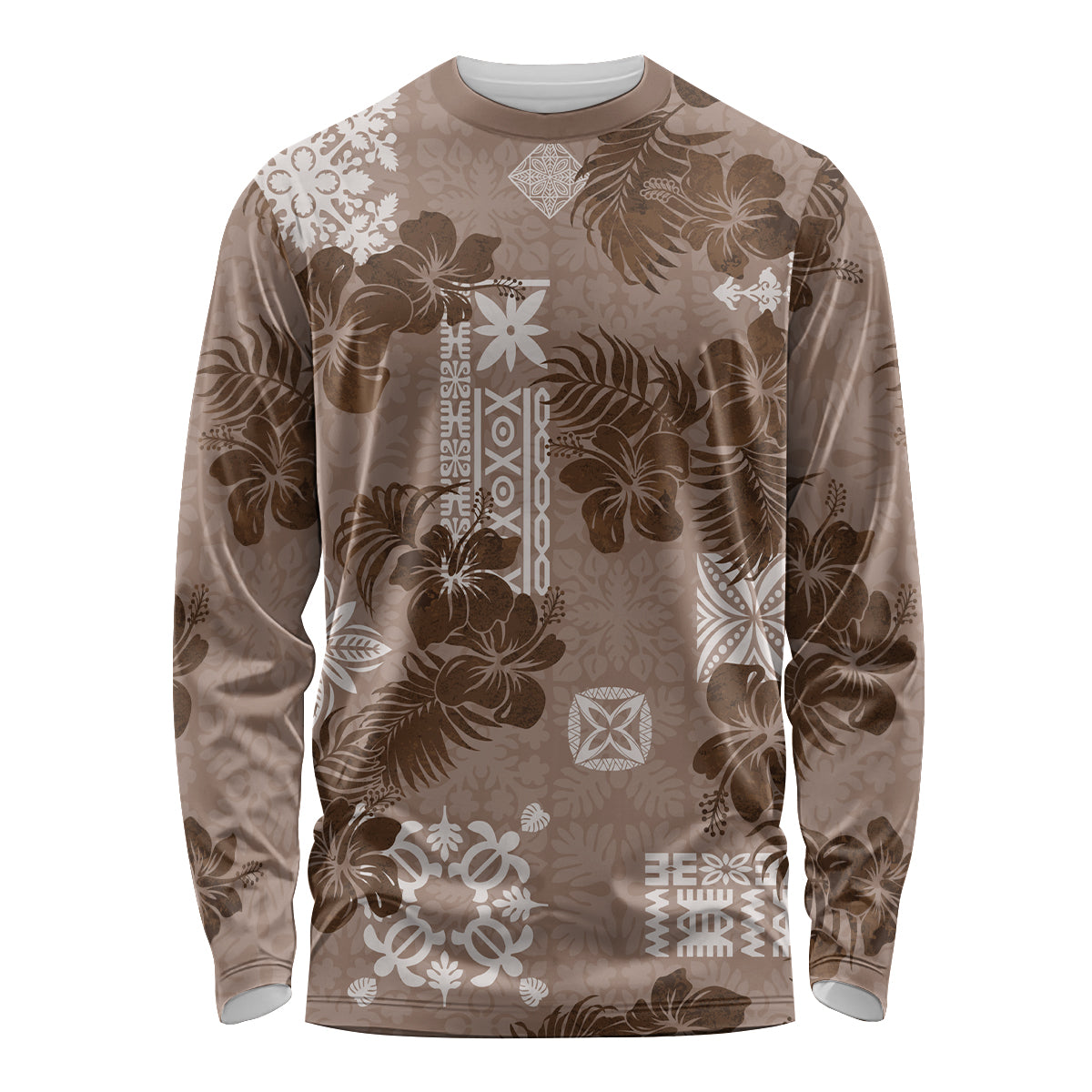 Vintage Hawaii Long Sleeve Shirt Hibiscus Mix Hawaiian Quilt Patches - Brown - Wonder Print Shop